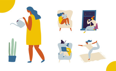 Woman spending time at home flat vector illustration. Relaxing at home, leisure time - watering plants, sitting on couch, working laptop, doing yoga, drinking tea. Cozy home, sweet home