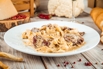 Fettuccine brisket pastrami creamy mustard sauce