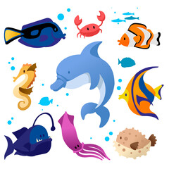 Cartoon Color Different Fish Icons Set. Vector