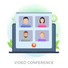 Video conference vector icon concept. Business team on pandemic and quarantine due to covid-19. Online video call meeting or webinar with colleagues. Videoconference while working from home