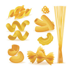 Realistic Detailed 3d Pasta Noodles and Macaroni Set. Vector