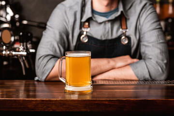 Barman in apron with crossed arms at bar and meets client with glass of light beer in interior of pub