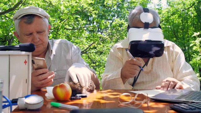 senior citizens examine hedgehog using modern technologies and sitting at brown wooden table. Concept virtual reality