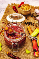 Chutney from rhubarb. Set of ingredients and spices for cooking