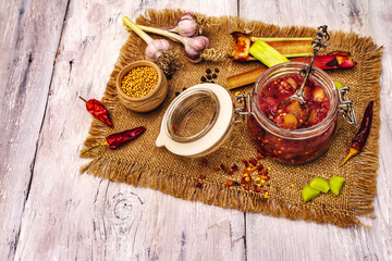 Chutney from rhubarb. Set of ingredients and spices for cooking