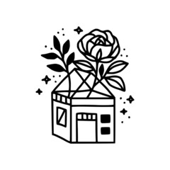 Hand drawn home, leaf, tree, greenhouse, rose, floral logo template and brand element in black and white linear style