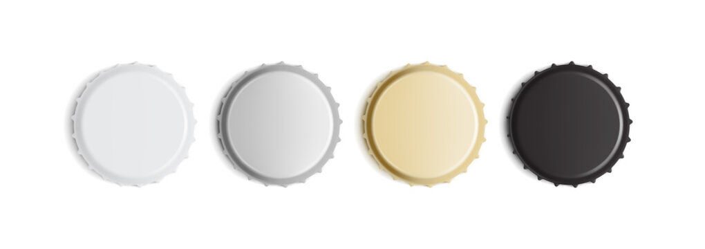 white, golden, silver and black bottle caps isolated on white background mock up 