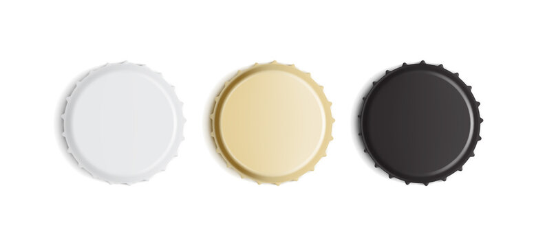 white, golden and black bottle caps isolated on white background
