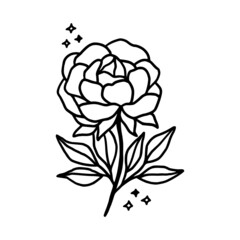 Hand drawn rose, peony flower and botanical leaf branch illustration. Black line art vector feminine logo. Symbol and icon for wedding, business card, cosmetics, jewel, brand, and beauty products