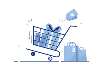 Shopping cart with gift boxes, shopping bag. Truck and Trolley. Online shop, store, supermarket. E-commerce marketing. Sale and discount. Fast home delivery, goods order and purchase. Blue. Eps 10 © accogliente