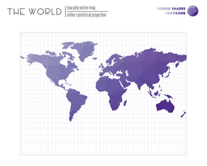 World map with vibrant triangles. Miller cylindrical projection of the world. Purple Shades colored polygons. Energetic vector illustration.