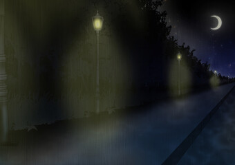raining illustration of night time street lit path with moon and stars