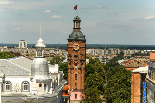 View to the old water tower, now museum in Historical center of Vinnytsia, Ukraine. July 2020