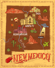 Naklejka premium Illustrated map of New Mexico, USA. Travel and attractions. Souvenir print