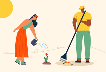 Man rakes autumn leaves, Woman watering flowers, farmers work on farm