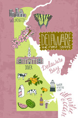 Illustrated map of  Delaware, USA. Travel and attractions. Souvenir print