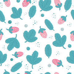 natural pattern with strawberries, leaves and berries, blue leaves, hand draw scandinavian style 