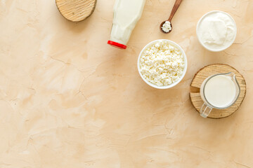 Obraz na płótnie Canvas Dairy products - cottage cheese, milk, cream - top view copy space
