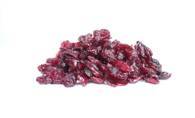 Pile of dried cranberries isolated on white background. Burgundy color fruit 