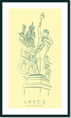 Leeds urban sketch poster, Nymph statue or the lady lampholder and The Old Post Office Building vector illustration and typography design, England, UK