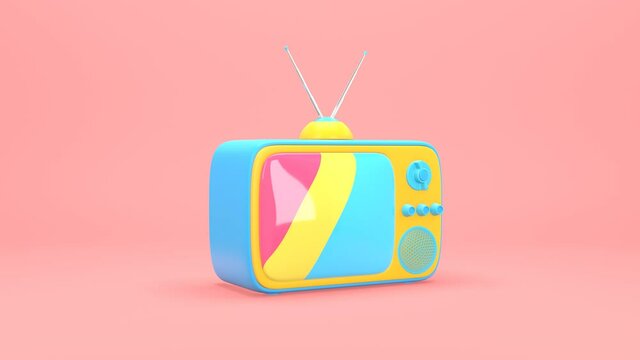 3D rendering abstract animation of a vintage TV with a bright color screen, noise, distortion. Unusual funny joke pop art cartoon style.