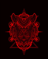 Illustration vector tiger head mandala pattern style with sacred geometry on black background.