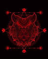 Illustration vector tiger head mandala pattern style with sacred geometry on black background.