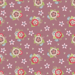 Seamless floral pattern for printing on fabric and paper. Colors are blue pink and eggplant.