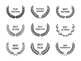 Film Awards. Set of black and white silhouette award wreath. Vector illustration.