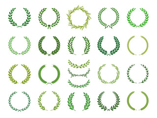 Set of green silhouette laurel foliate, wheat and olive wreaths depicting an award, achievement, heraldry, nobility. Vector illustration.