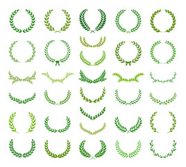 Set of green laurel foliate, oak and olive wreaths. Can be used as design elements in heraldry on an award certificate, for invitations, quotes, greeting cards, blogs and more. Vector illustration.
