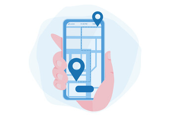 Naklejka premium Hand with smartphone, GPS navigation app. maps, get directions. Vector illustration for web banner, infographics, mobile. 