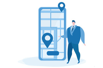 GPS navigation app. maps, man try get directions, smartphone template, Vector illustration for web banner, infographics, mobile. 