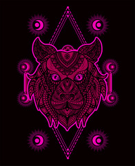 Illustration vector tiger head mandala pattern style with sacred geometry on black background.