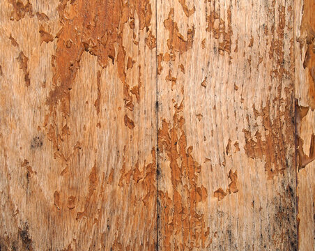 old wooden faded timber surface with peeling brown varnish