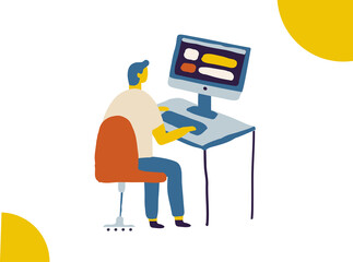 Programmer flat vector man. Man sitting at a table working at computer