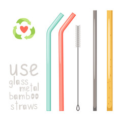 Zero waste straws. Concept of using durable and reusable natural eco items without plastic. Hand drawn glass, metal and bamboo straw set isolated on white background