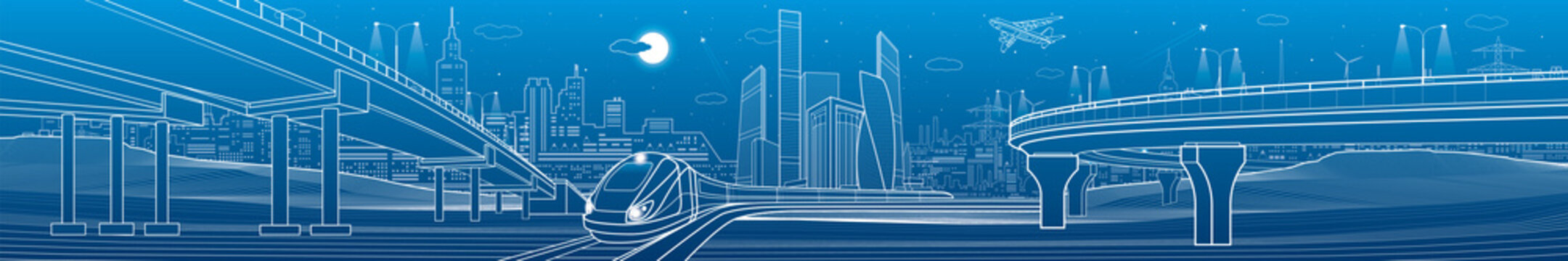Urban large panorama. Modern city skyline outline illustration. Train rides on bridge. Illumination highway. Car overpass. Town infrastructure . White lines on blue background. Vector design art
