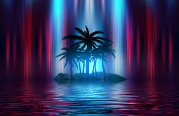 Silhouettes of tropical palm trees on a background of abstract background with neon glow. Reflection of palm trees on the water. 3d illustration