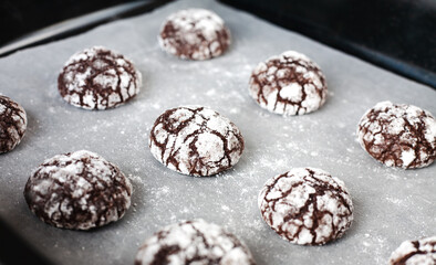 Chocolate cookies with powdered sugar on baking tray. Close-up.