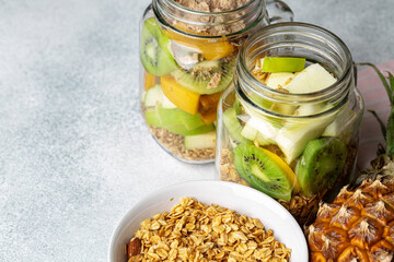 Healthy food: porridge with fruit on the table.