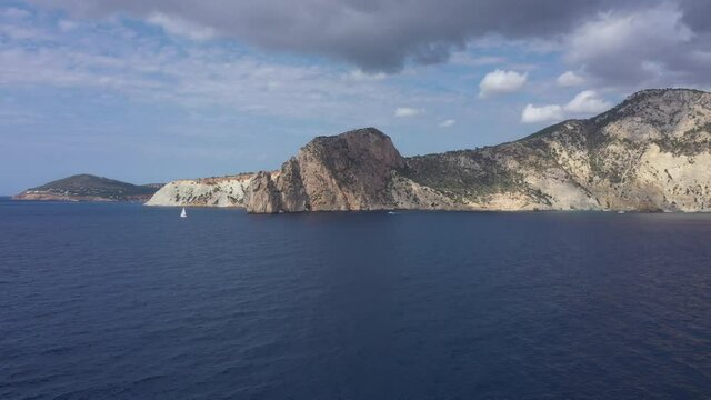 Aerial view of the rocky coast of Ibiza island, Spain, Balearic islands