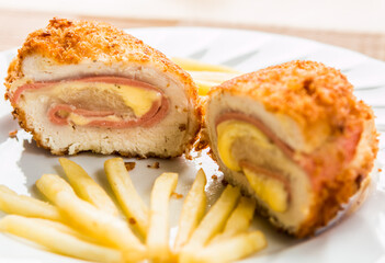 Fried chicken with cheese in plate , in door  Chiangmai  Thailand