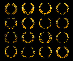 Collection of different golden silhouette laurel foliate wreaths depicting an award, achievement, heraldry, nobility, game dev. Vector illustration.