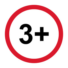3+ restriction flat sign isolated on white background. Age limit symbol. No under three years warning illustration