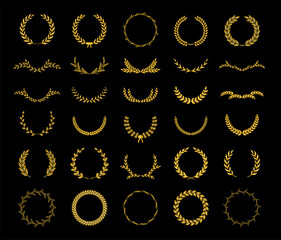 Collection of different golden silhouette laurel foliate, wheat and olive wreaths depicting an award, achievement, heraldry, nobility, game dev. Vector illustration.
