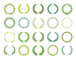Set of green silhouette laurel foliate, wheat and olive wreaths depicting an award, achievement, heraldry, nobility. Vector illustration.