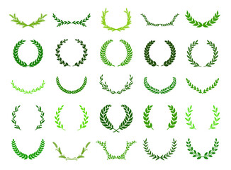 Set of green silhouette laurel foliate, olive and wheat wreaths. Vector illustration for your frame, border, ornament design, wreaths depicting an award, achievement, heraldry, emblem, logo.