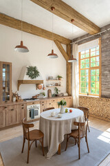 Wooden kitchen in modern interior with contemporary furniture