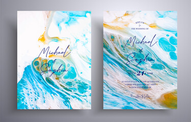Modern set of wedding invitations with stone texture. Agate vector covers with marble effect and place for text, blue, white and golden colors. Designed for posters, packaging and etc